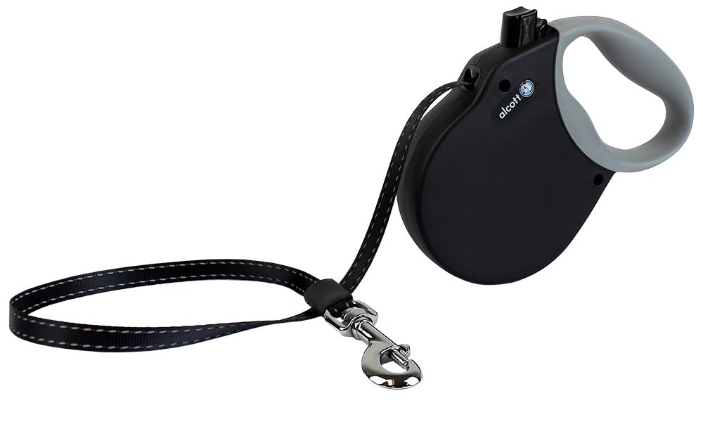 Alcott Adventure Retractable Reflective Belt Leash, 16' Long, Large for Dogs Up to 110 lbs, Black with Grey Soft Grip Handle,RLSH AA LG BK