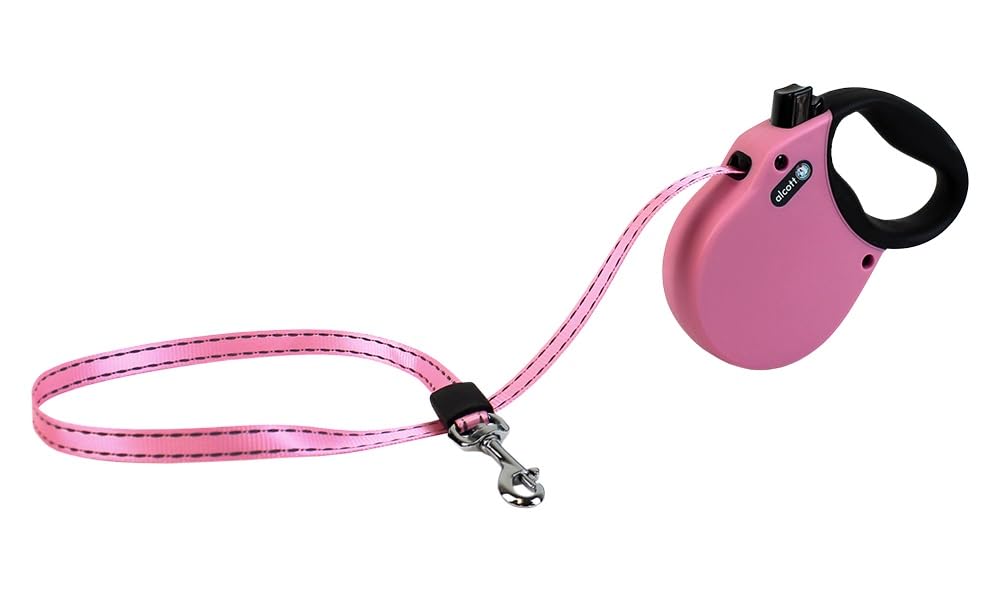 Alcott Adventure Retractable Reflective Belt Leash, 10' Long, Extra Small for Dogs Up to 25 lbs, Pink with Black Soft Grip Handle,RLSH AA XS PK