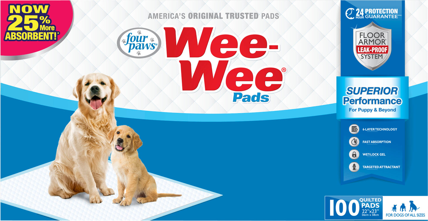 Four Paws Wee-Wee Superior Performance Pee Pads for Dogs of All Sizes, Leak-Proof Floor Protection Dog & Puppy Quilted Potty Training Pads, Unscented, 22" x 23" (100 Count)