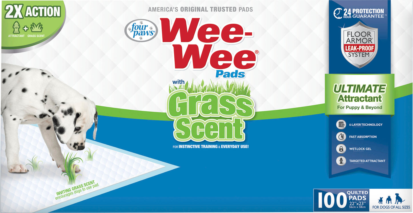 Four Paws Wee-Wee Ultimate Attractant Dog Pee Pads for Instinctive Training, Leak-Proof Floor Protection Dog & Puppy Quilted Potty Training Pads, Grass Scent, 22" x 23" (100 Count)