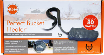 Packaged K&H Perfect Bucket Heater with gray housing, black cord, and cord safety clip.