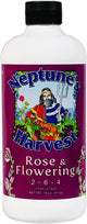 Front view of Neptune's Harvest Rose & Flowering fertilizer bottle with purple label, black cap, and 1 pint size.