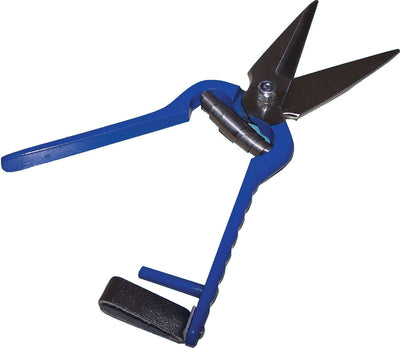Blue-handled hoof shears with metal blades and a black strap, close-up view