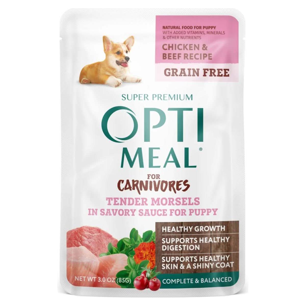Optimeal Wet Dog Food for Carnivores Tender Morsels in Savory Sauce Chicken & Beef Recipe for Puppies, 3 oz Pouch