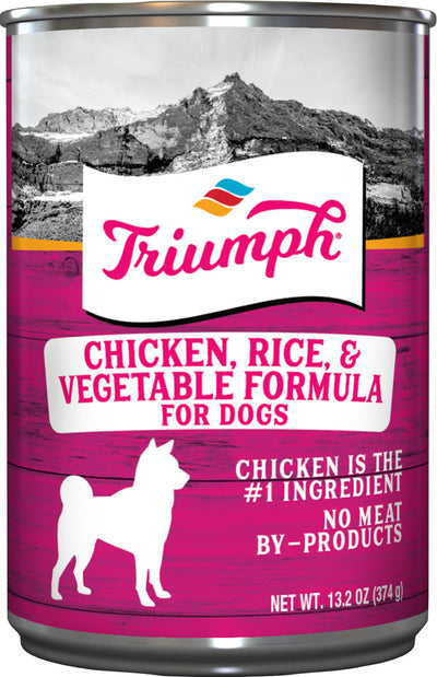 Front view of a Triumph canned dog food package with chicken, rice, and vegetable formula, 13.2 oz, purple label.