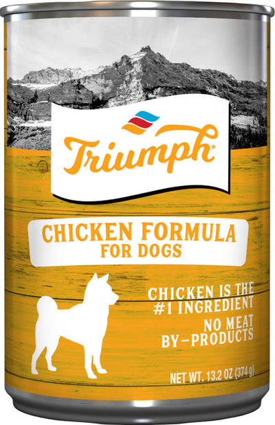 Front view of a Triumph canned dog food package with chicken formula, 13.2 oz, yellow and white label.