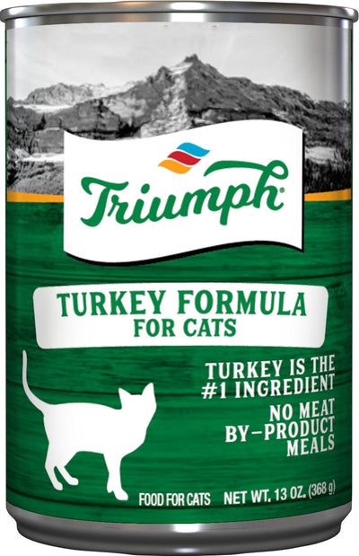 Front view of a green can of Triumph Turkey Formula for Cats, 13 oz.