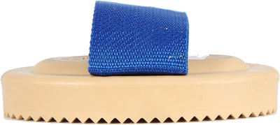 Close-up of a beige Decker Flexible Curry Comb with a blue woven brush head.