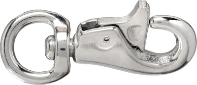 Close-up of a silver Snap Bull panic-style hook with a circular ring and curved hook end.