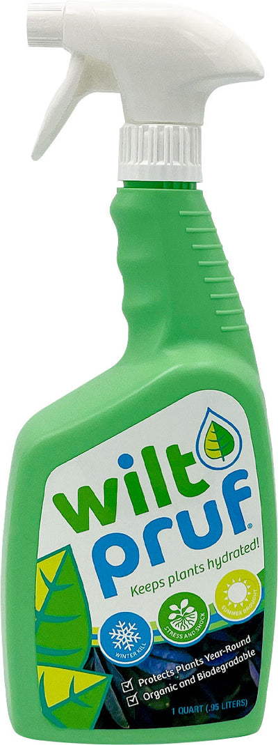 Green spray bottle with white nozzle labeled Wilt-Pruf, 1 quart size, front view of packaged product