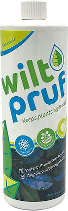 Front view of a Wilt-Pruf plant protector bottle with a white cap and green/blue label.