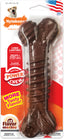 Packaged Nylabone Power Chew Textured Bone in chocolate brown with flavor medley, showing ridges and nubs on the bone shape.