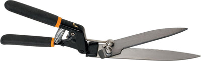 Fiskars Power Lever Grass Shears, 14-inch, black and orange handles, open view, close-up