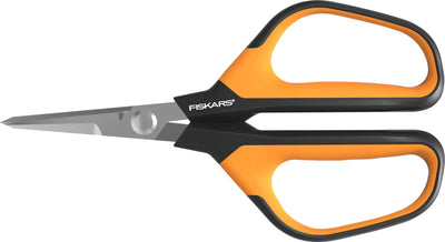 Fiskars Softgrip Micro-Tip Floral Snip, 10-inch, orange and black handles, close-up view