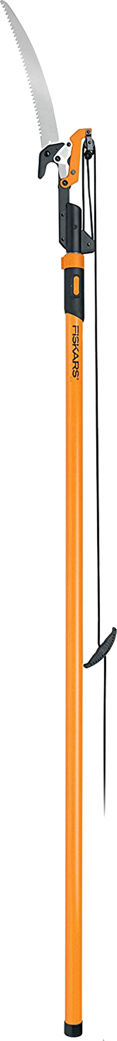 Fiskars Powerlever Extendable Tree Pruner, orange handle with black accents, front view, detail close-up