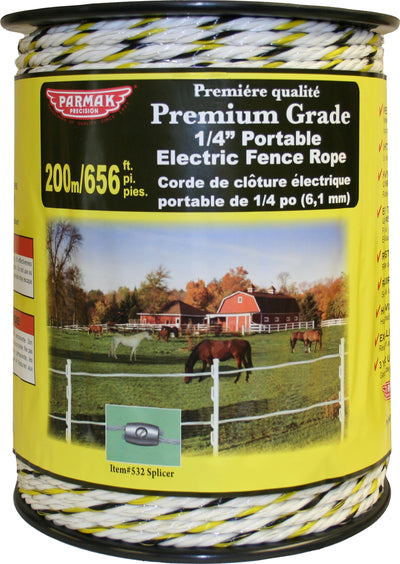 Packaged Parmak Premium Grade 1/4" Portable Electric Fence Rope in yellow and black, 200m/656 ft.