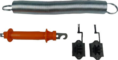 A galvanized spring gate with an orange handle, two black mounting brackets, and metal loops.