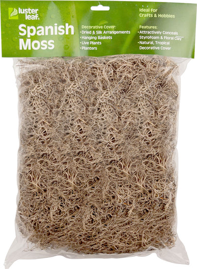 Packaged Luster Leaf Spanish Moss decorative cover in clear plastic bag, front view.