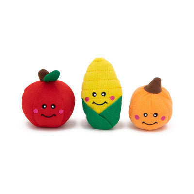 ZippyPaws Miniz 3-Pack Fall Harvest Plush Dog Toys, Cute Squeaky Autumn Dog Toys, Pumpkin, Apple, & Corn Cob