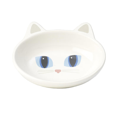 PetRageous 10012 Oval Frisky Kitty Stoneware Cat Bowl 5.5-Inch Wide and 1.5-Inch Tall Saucer with 5.3-Ounce Capacity and Dishwasher Safe is Great for Small Cats or Large Cats, White