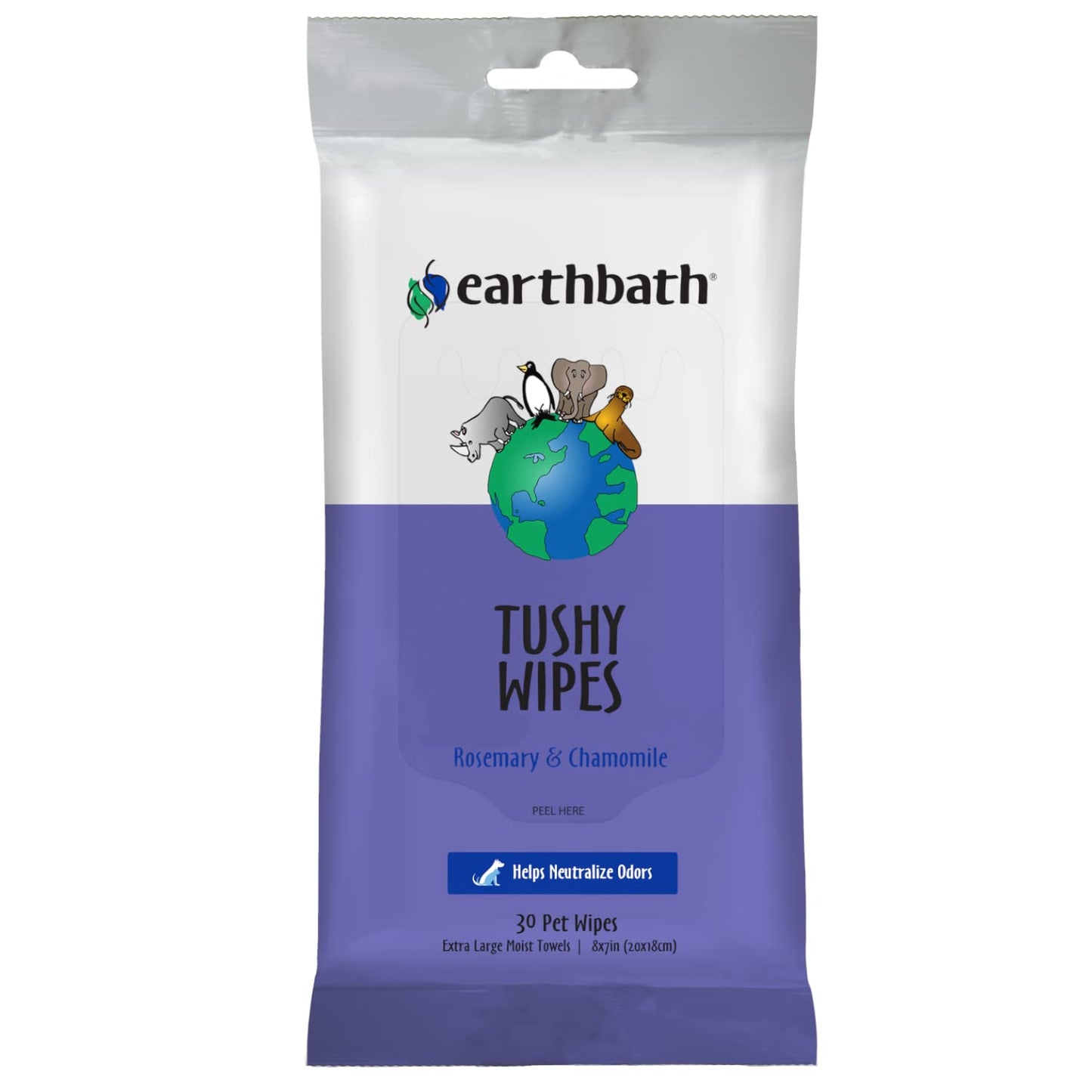 earthbath, Rosemary & Chamomile Tushy Wipes - Dog Wipes for Paws and Butt, Best Pet Wipes for Dogs & Cats, Made in USA, Cruelty-Free Dog Cleaning Wipes, Helps Neautralize Odors - 30 Count (1 Pack)