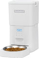 White PetSafe Flexfeed Automatic Pet Feeder with digital display and metal bowl of kibble in use, front view.