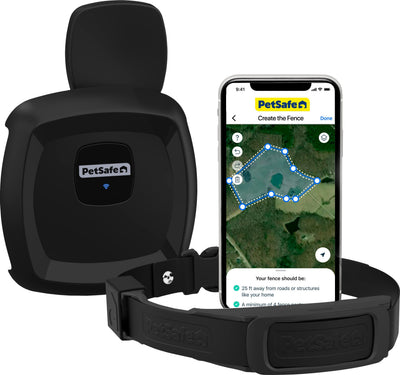 Black PetSafe Guardian GPS dog fence collar system with app showing fence setup on a smartphone.