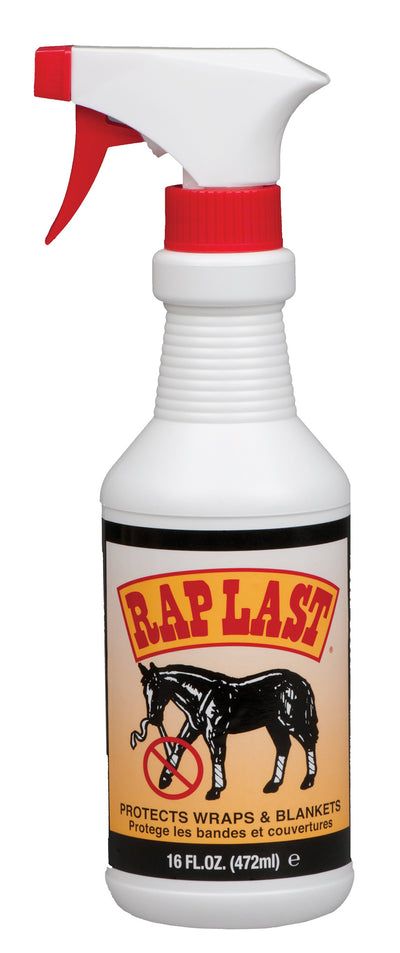 Front view of a white and red spray bottle labeled Raplast with a horse image, 16 FL.OZ.