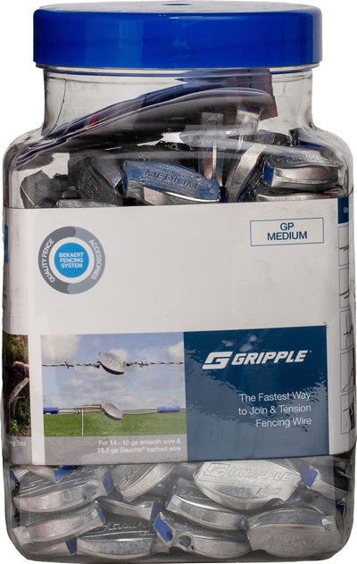 A clear jar with a blue lid containing silver Gripple Plus connectors labeled 'GP MEDIUM' and 'Gripple Plus'.