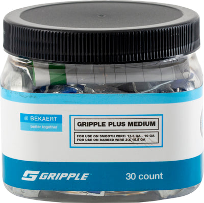 A packaged product: a clear jar with a black lid containing Gripple Plus Medium, labeled with brand and specifications.