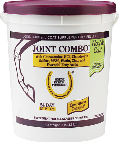 Front view of a white bucket with purple lid labeled Joint Combo Hoof & Coat Supplement, 8 lb size