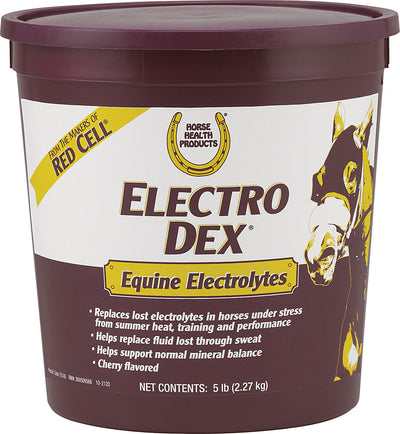Packaged product: Electro Dex Equine Electrolytes, cherry flavored, 5 lb container with horse illustration.