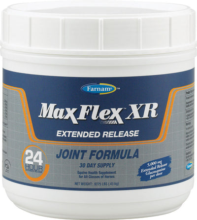 Front view of a white container with a blue label for Farnam MaxFlex XR Extended Release Joint Formula, 30-day supply.