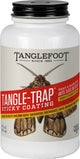 A white jar with a black lid labeled Tangle-Trap Sticky Coating, showing a moth illustration and red/yellow text.