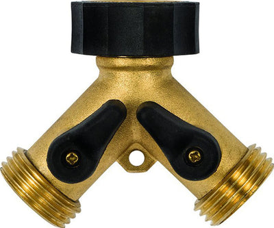 Close-up of a brass shut-off valve with black knobs and threaded ends, front view.