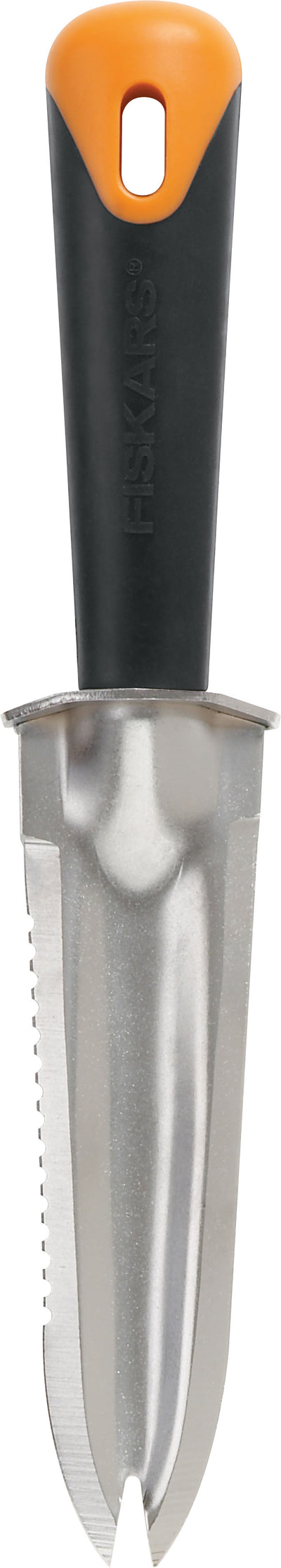Fiskars Big Grip Multi Purpose Planting Tool, 14 IN, front view close-up of handle and blade