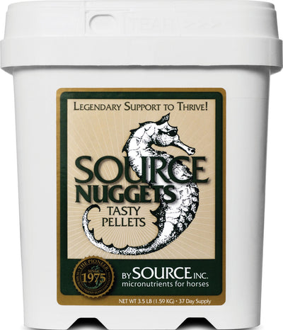 Front view of a white container with a label showing 'Source Nuggets Tasty Pellets' and a seahorse illustration.