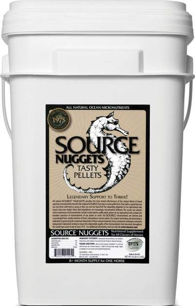 White bucket with black label showing 'Source Nuggets Tasty Pellets' for horses, 25 LB size