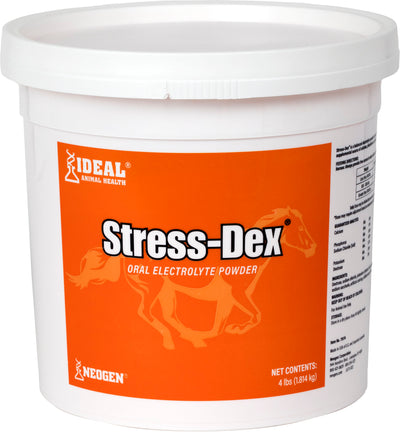 White container with orange label showing 'Stress-Dex Oral Electrolyte Powder' by Ideal Animal Health, 4 lbs, front view packaged product