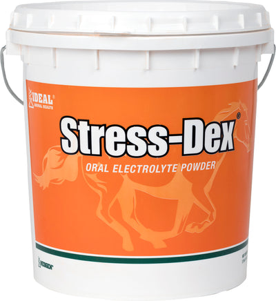 Front view of a white bucket with an orange label showing 'Stress-Dex Oral Electrolyte Powder' by Ideal Animal Health.
