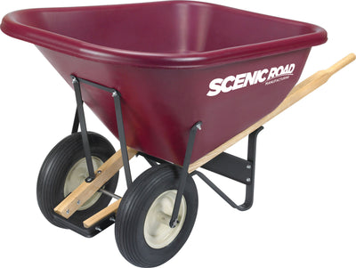 A maroon Scenic Road wheelbarrow with two black wheels and a wooden handle, viewed from the side.