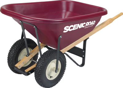 A maroon Scenic Road wheelbarrow with wooden handles, black metal frame, and two black tires on a white background.