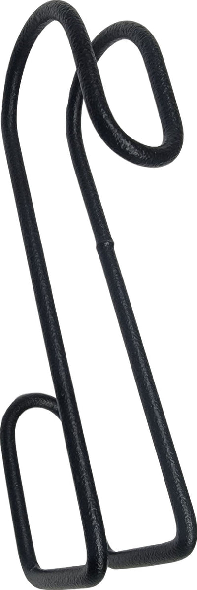 Close-up of a black steel S-hook with a 6-inch length, showing its curved shape and textured surface.