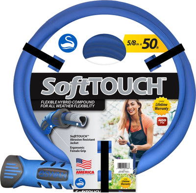 Packaged blue Swan Softtouch garden hose, 5/8 inch by 50 feet, showing product details and a person using it.