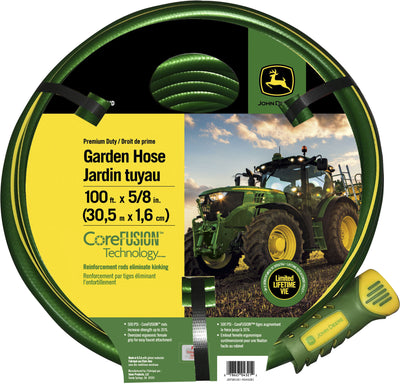 Packaged John Deere garden hose with green and yellow color, 100 ft x 5/8 in size, showing product label and tractor image.