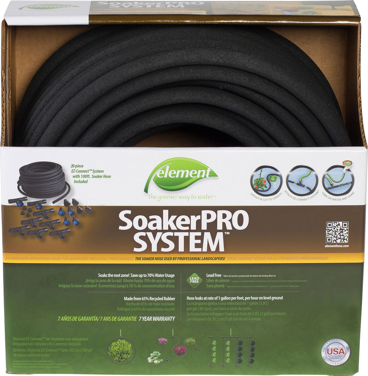 Packaged Element SoakerPRO System kit with black soaker hose and fittings inside a cardboard box.