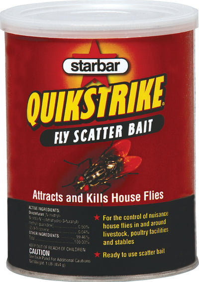 A red and black can of Starbar Quikstrike Fly Scatter Bait with a fly image, labeled 1 LB.