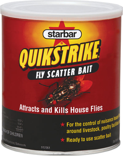 Front view of a red and black Starbar Quikstrike Fly Scatter Bait container with a fly image.