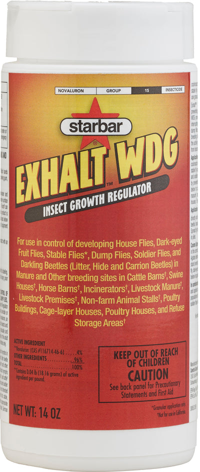 Front view of a white container with a red label showing Starbar Exhalt WDG Insect Growth Regulator, 14 oz.