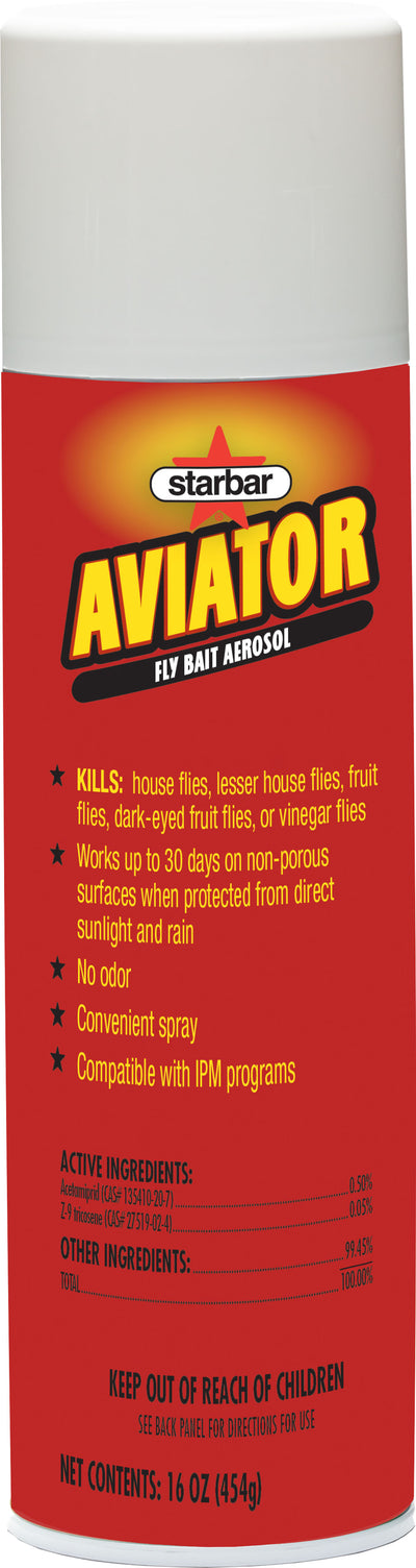 Front view of a red Starbar Aviator Fly Bait Aerosol can with white cap and black text.